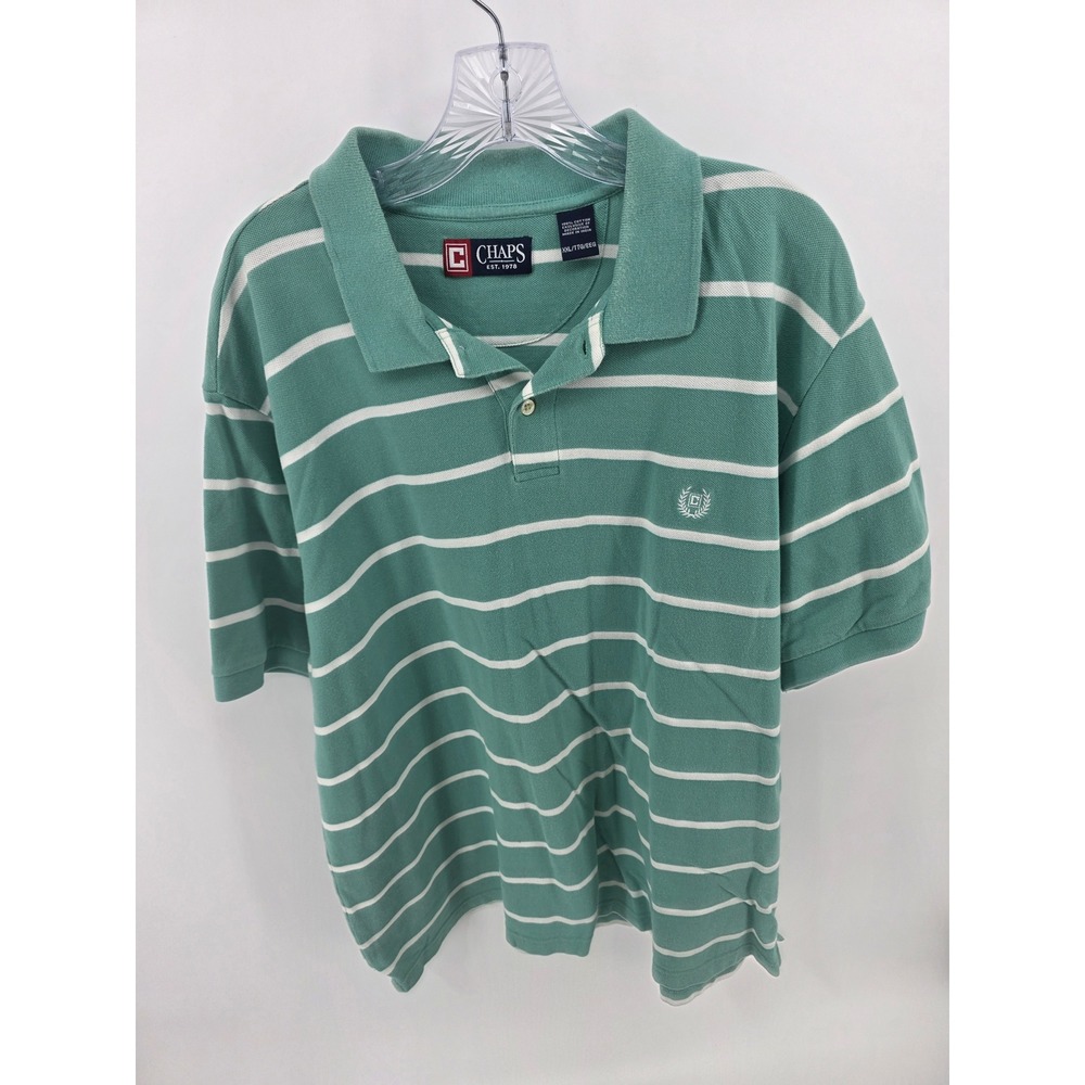 Chaps Mens XXL Green White Striped Short Sleeve Cotton Pique Polo Shirt 3025